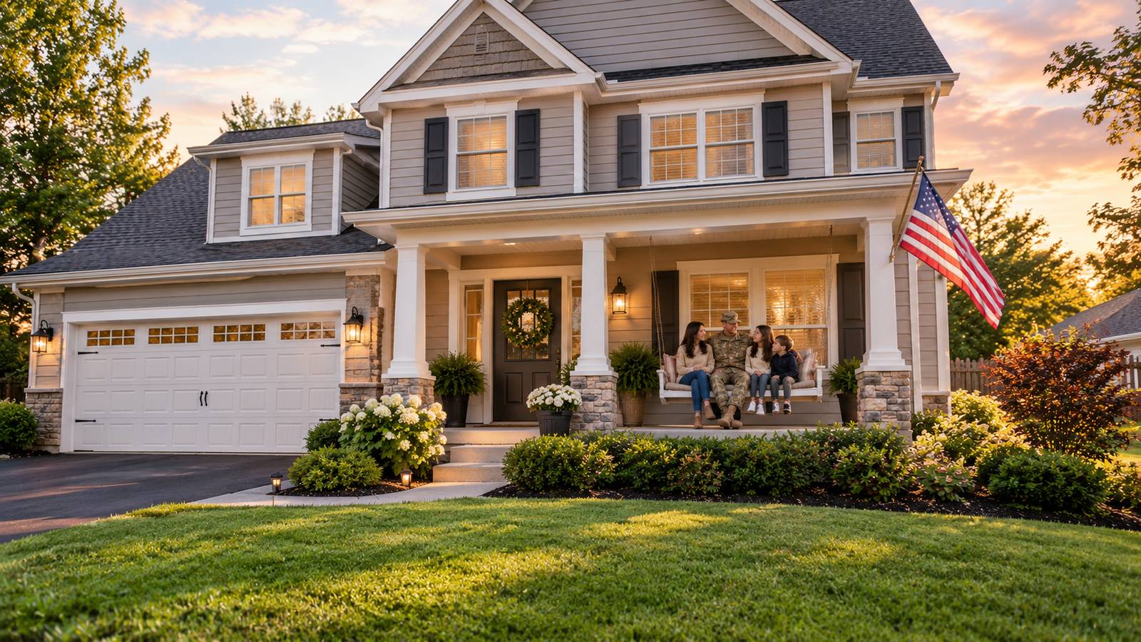 A two-story home with a front porch at sunset, an American flag by the porch and a family sitting together on the porch swing